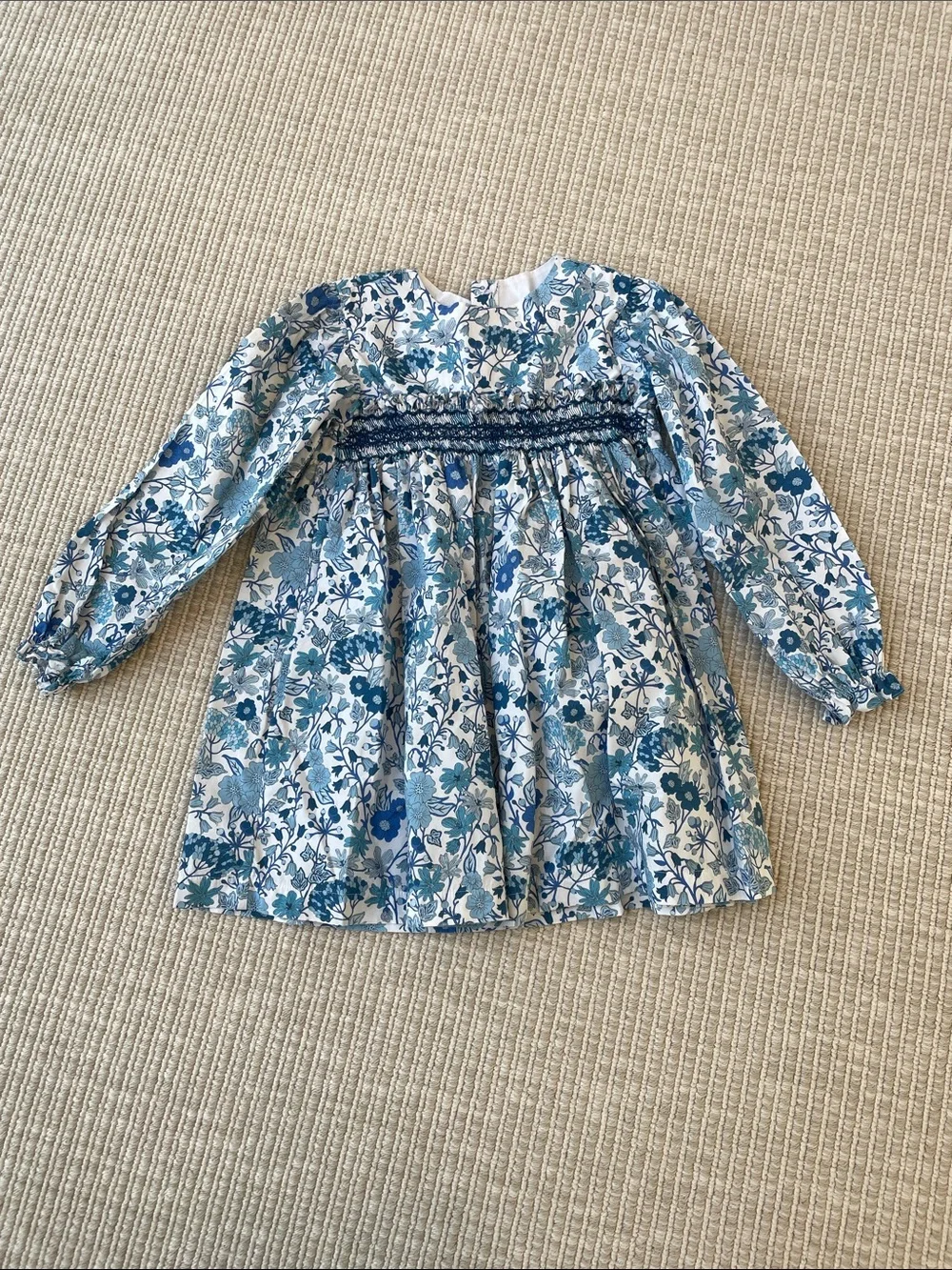 bella bliss Blue Floral Smocked Long-Sleeve Dress